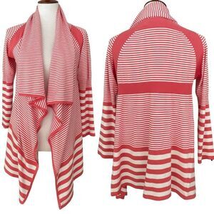 Penelope Leroy Women's Coral White Striped Waterfall Open Cardigan Sweater Small